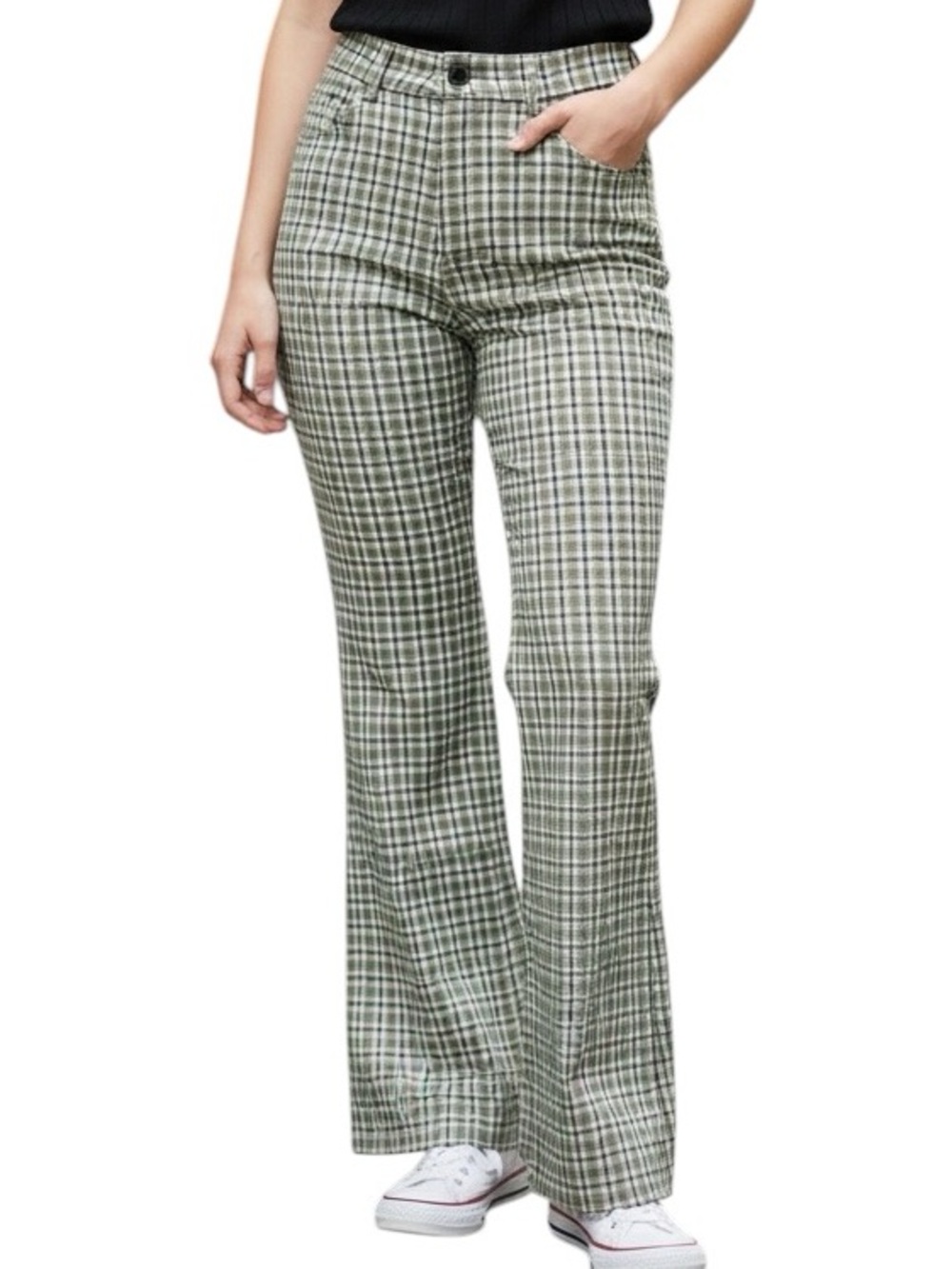 Hollister Green Plaid Boot-Flare Pants High-Waist Stretch Size XS
